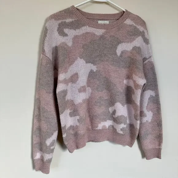 LUCKY BRAND Camo Wool Blend Pullover Sweater Crew Neck Size SMALL Light Pink - Picture 4 of 11